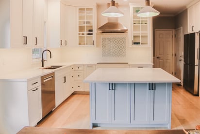 White and pastel blue kitchen cabinetry with luxurious hardwood flooring