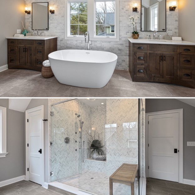 Wooden bathroom bench in a shower area remodeled by Hogan Design and Construction