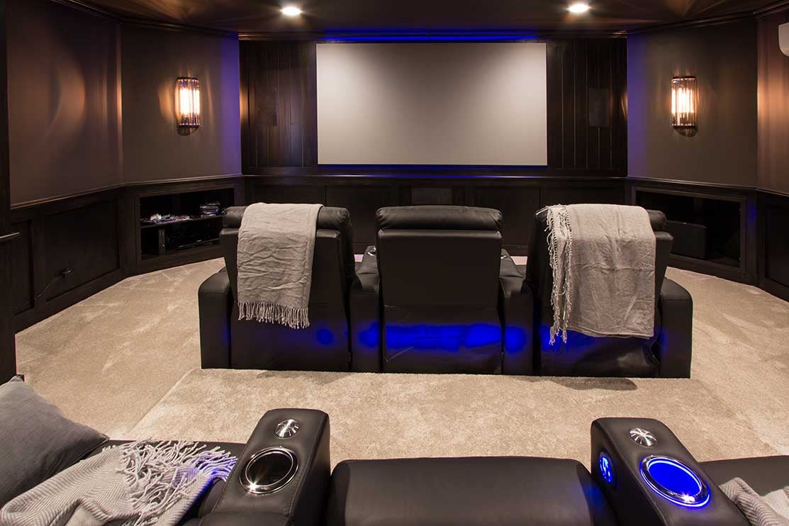 A home theatre in a basement