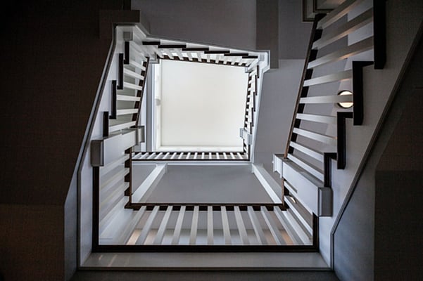 Black-and-white-spiral-staircase-view-from-ground-floor
