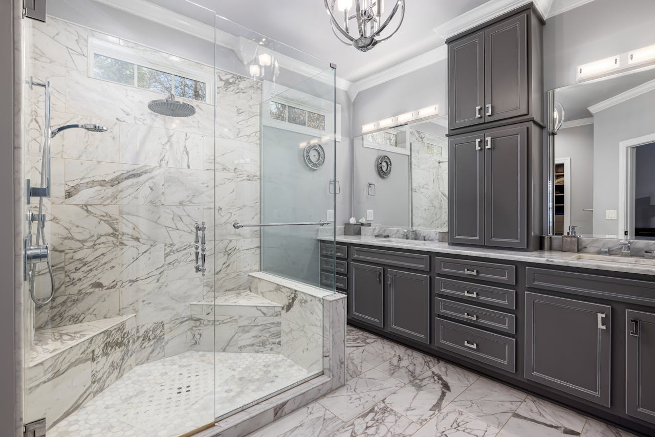 Dual tiled bathroom benches