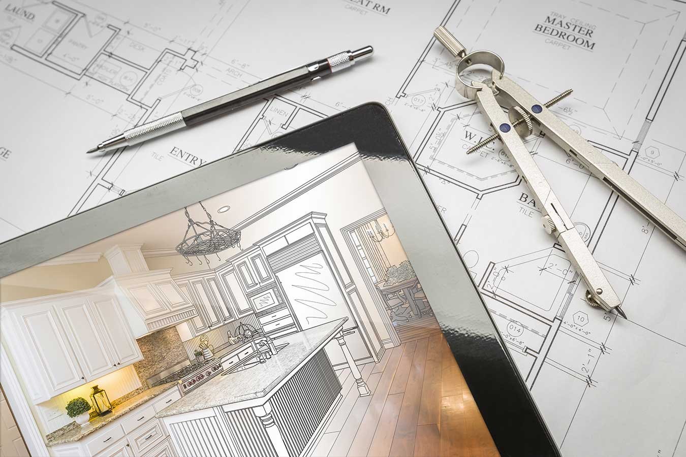 Pre-drawn architect floor plan for a new home design with a pencil and compass on the table