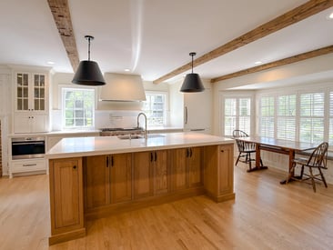 Wide angle photo of a kitchen island with no stools or seats