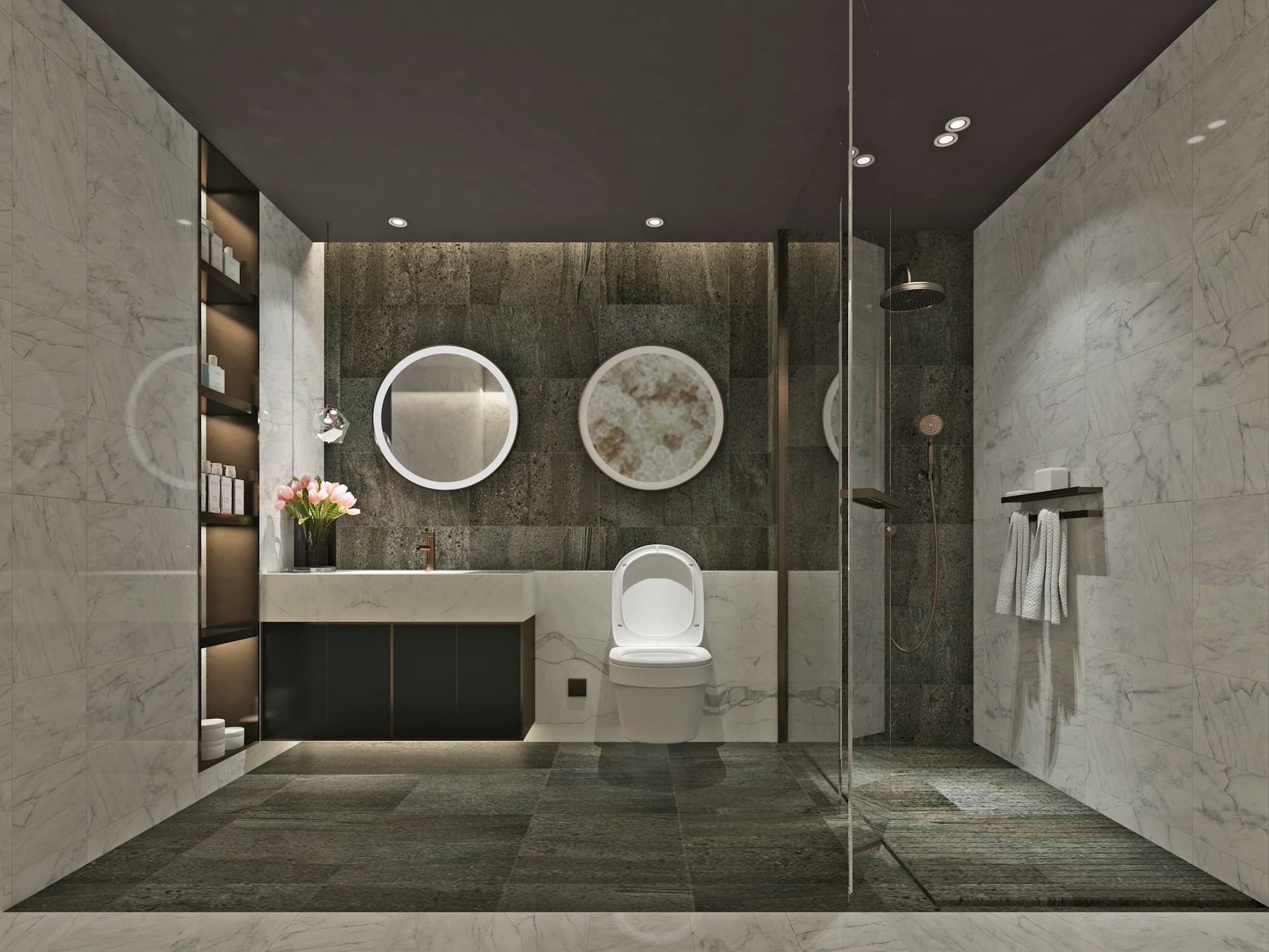 Luxury bathroom with heated floors and wall tiles